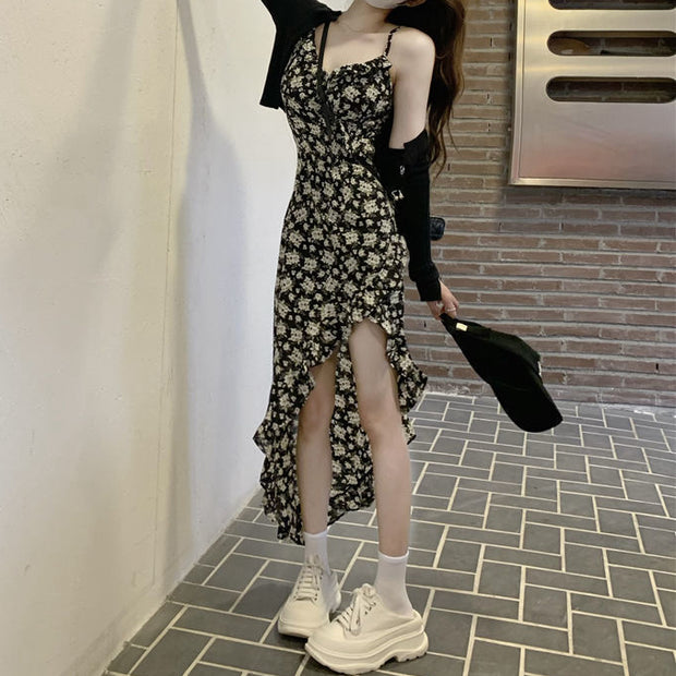 Irregular slit black slim floral sling dress
