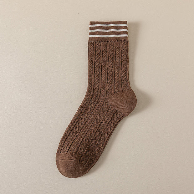 Striped textured mid-calf cotton socks