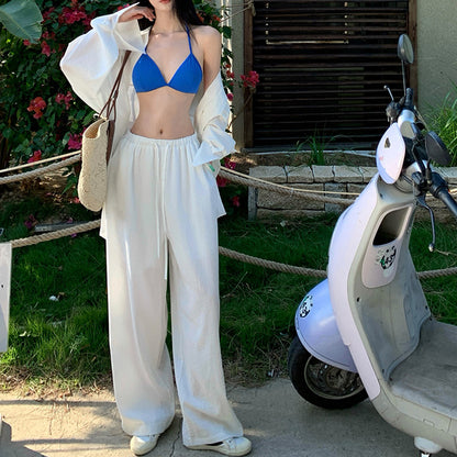 French Retro Loose Long-Sleeved Sun-Protective Shirt And White Trousers