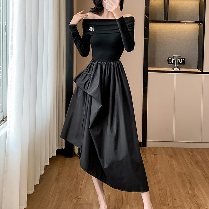 Off-The-Shoulder French-Style Fitted Black Dress