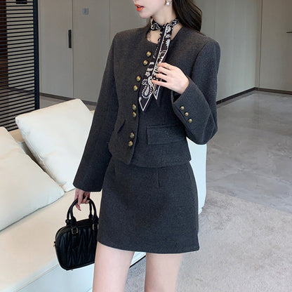 Waist-Cinching Wool Blend Blazer And Skirt Two-Piece Set