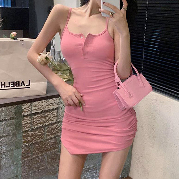 Irregular buttons tight sexy suspender dress