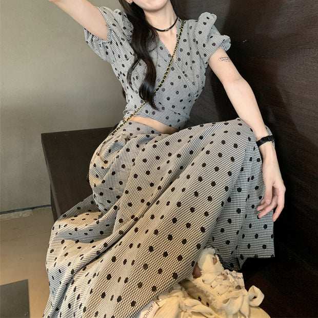 Polka dot puff sleeve v-neck top lace-up skirt set
