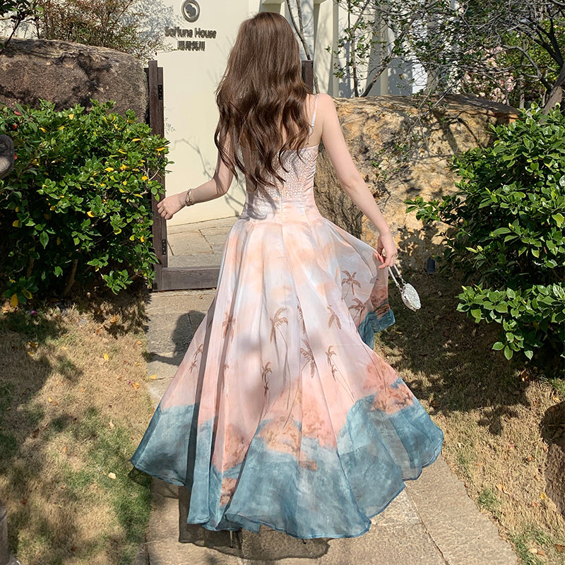 French-Style Tie-Dye Vacation Print Spaghetti Strap Dress