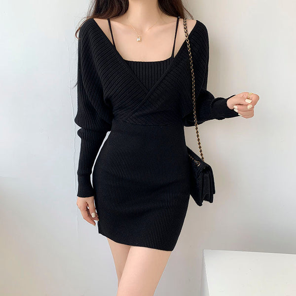 70% Fake Two Piece Slim Fit Long Sleeve Knit Dress