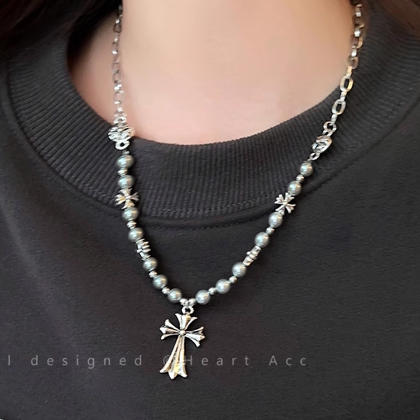 Pearl Cross Stitching Necklace Sweatshirt Chain