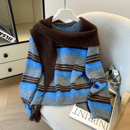 Stylish Striped Loose Knit Pullover (Shawl Included)