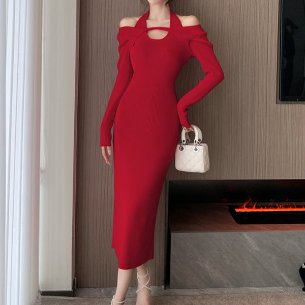 Halterneck Off-Shoulder Slim Fit Knitted Dress