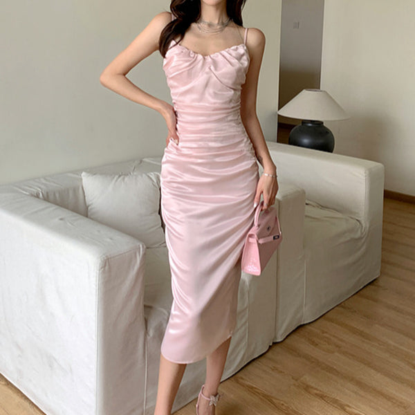Pink Bodycon Fishtail Pleated Strapless Cami Dress