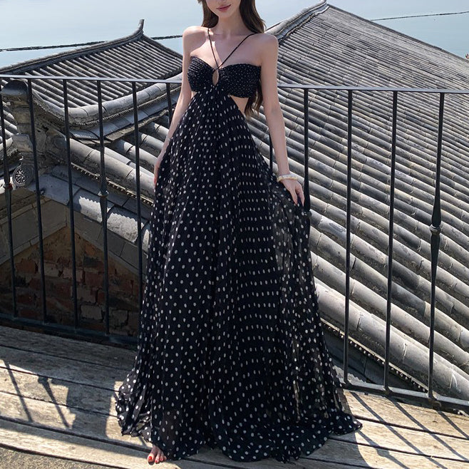 French Polka Dot Cutout Halter Neck Dress