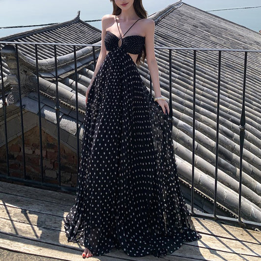French Polka Dot Cutout Halter Neck Dress