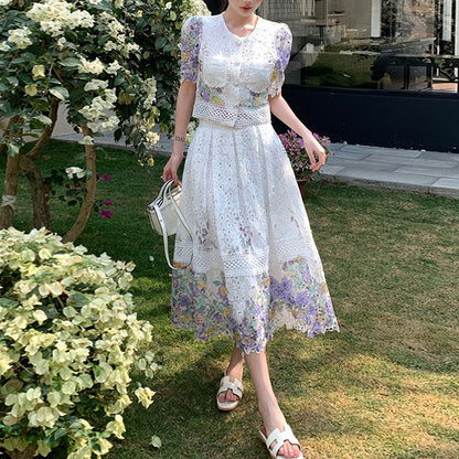 Lace Floral Puff Sleeve Skirt Set