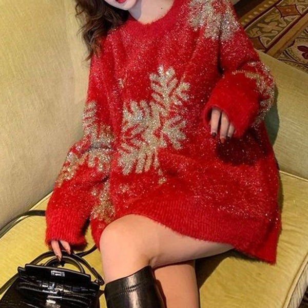 Snowflake long sleeve crew neck christmas sweater