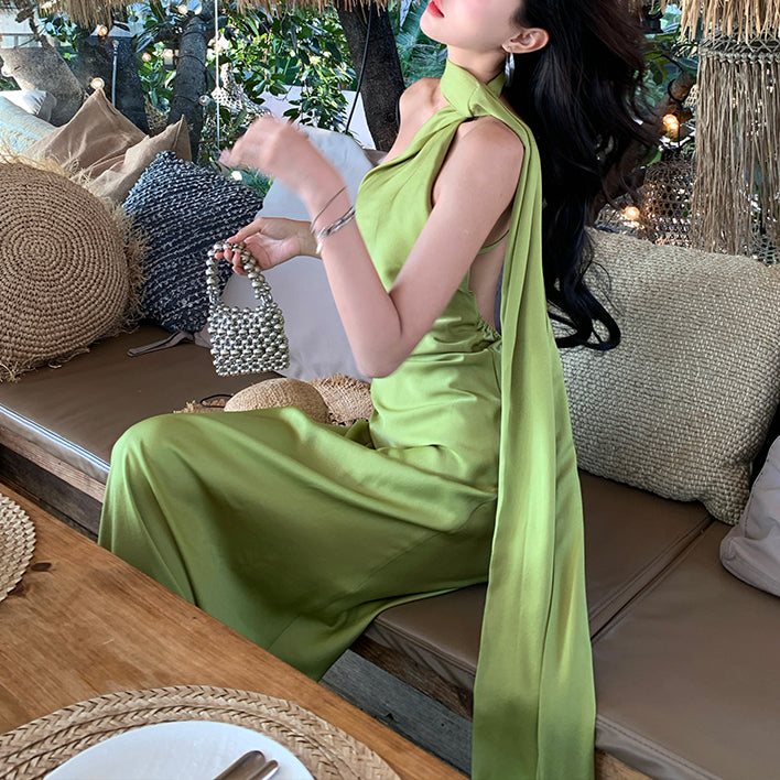 Stylish And Simple Halter Neck And Waist-Revealing Dress
