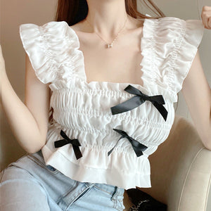 70% Bow Stretch Fungus-Trimmed Crinkled-Chiffon Top