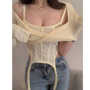 Irregular hollow camisole long sleeve shawl set