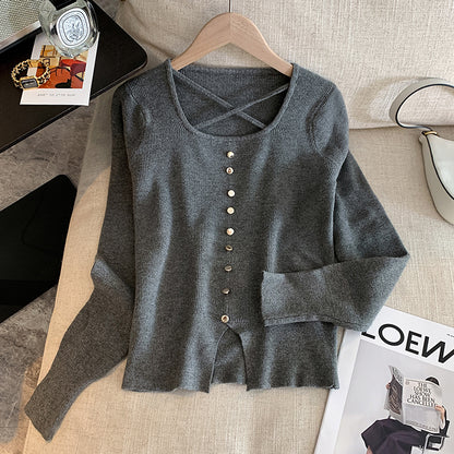 Single-Breasted Metal Button Pullover Long-Sleeved Knit Sweater