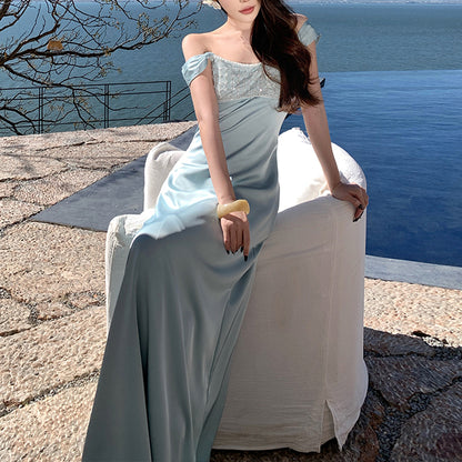 Heavy-Embellished Sequin & Satin Evening Gown