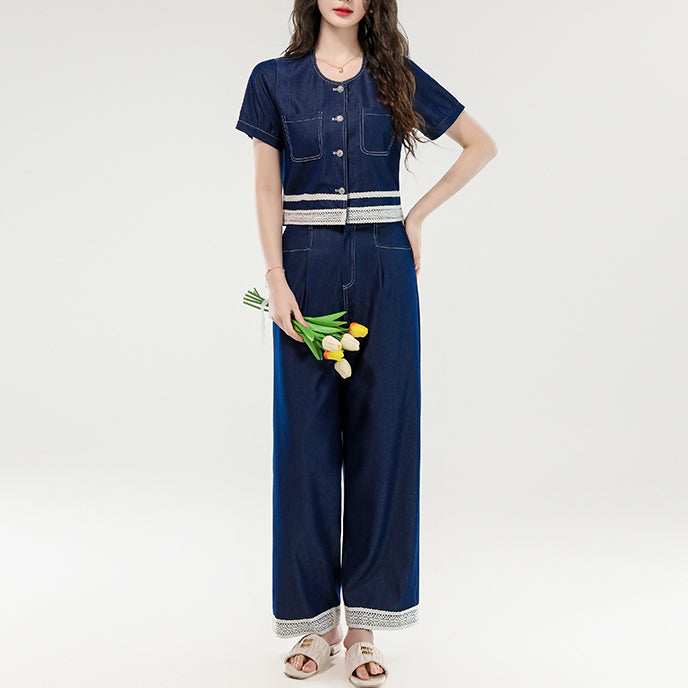 Fashionable Lace-Trimmed Tencel Denim Suit