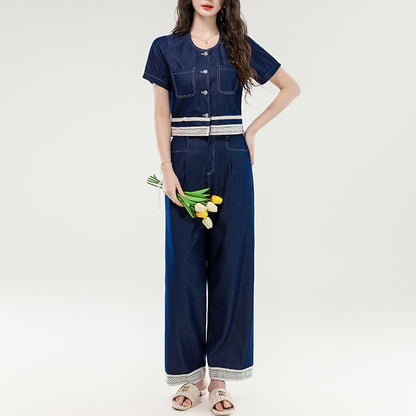 Fashionable Lace-Trimmed Tencel Denim Suit