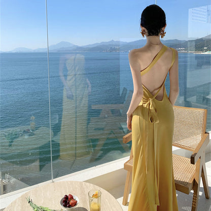 French-Style Backless Yellow Satin Evening Gown