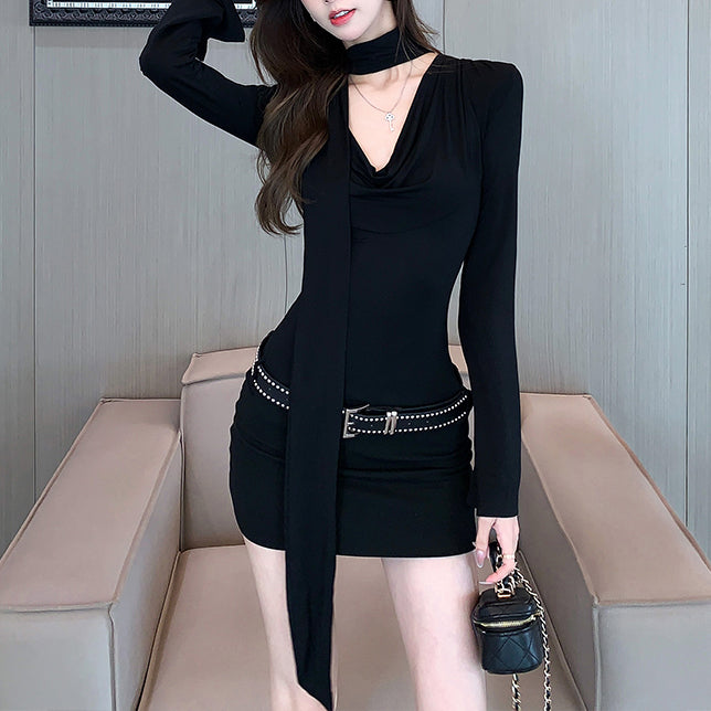 Fashionable Waist Long-Sleeved Dress