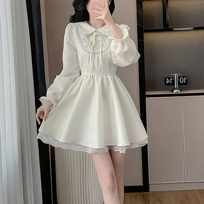 Sweet And Elegant Shirt Collar Waist Long Sleeve Dress