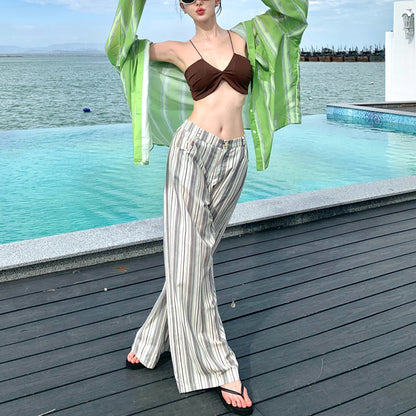 Brown Bikini Striped Wide-Leg Pants Suit