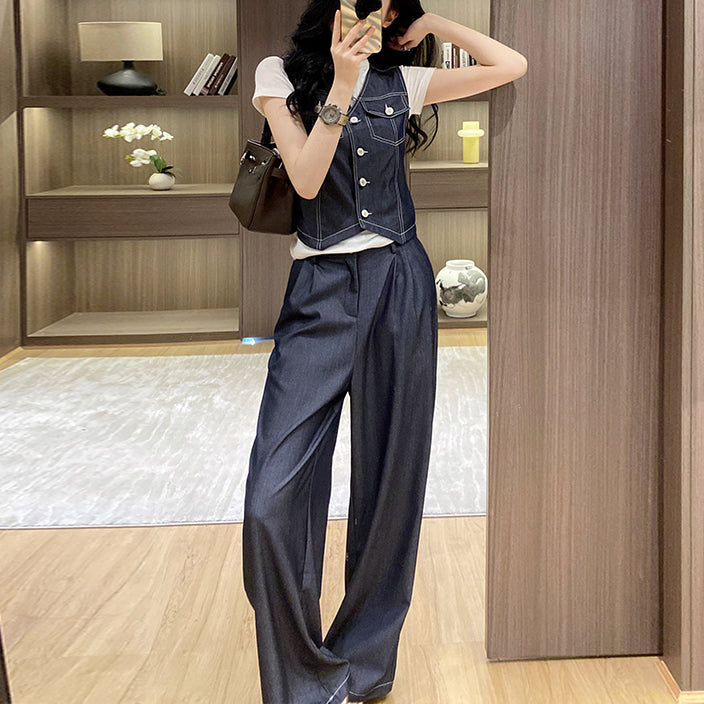 Tencel Denim Vest And Wide-Leg Pants Two-Piece Set