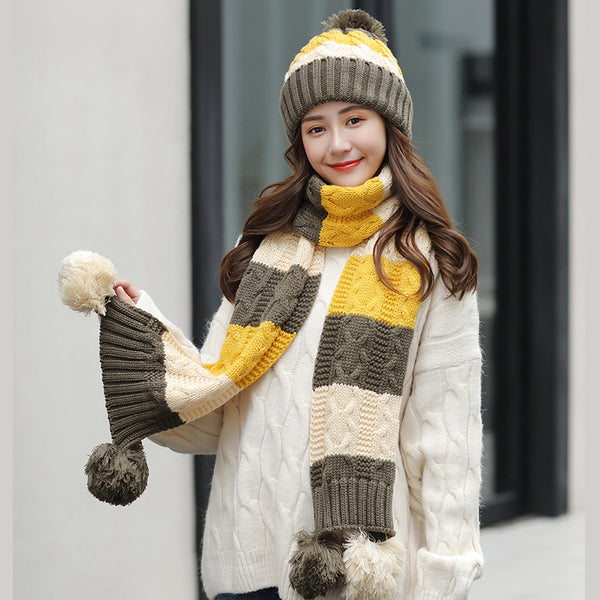 Color Block Knitted Warm Fur Ball Hat Scarf Set