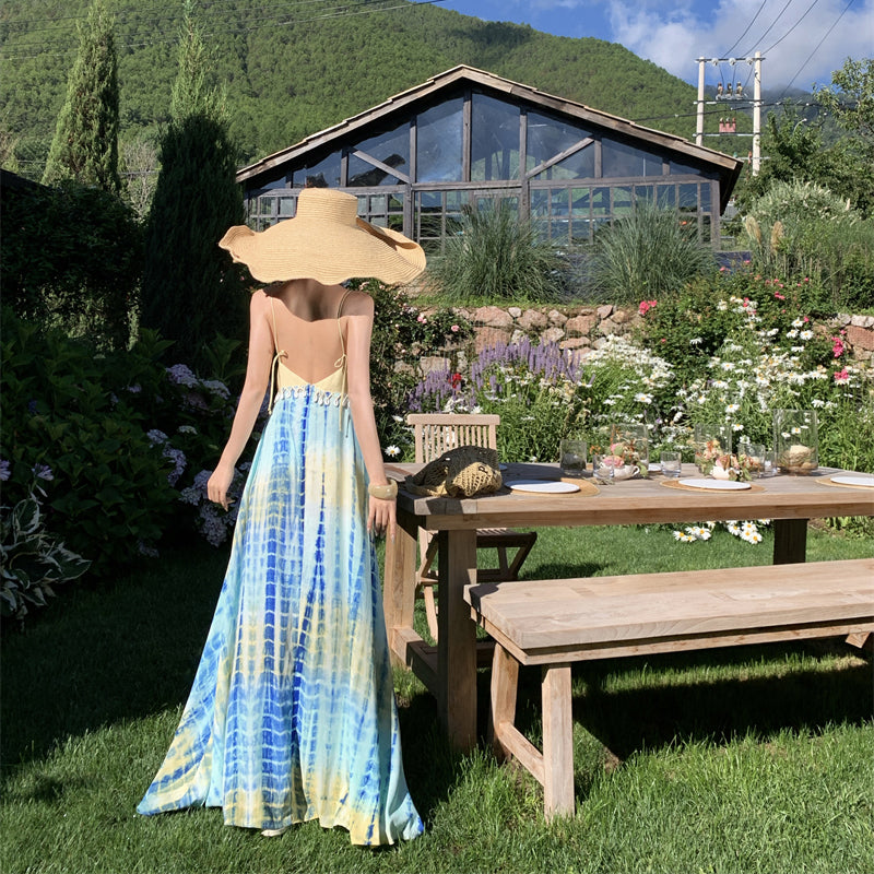 Dyed Seashell Beaded Linen Yellow And Blue Color-Blocked Sundress