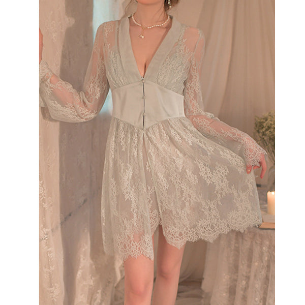 Solid Color Lace Low-Cut V-Neck Sexy Nightgown Set