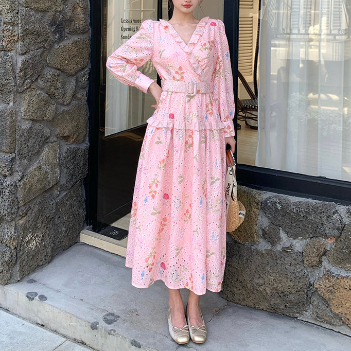 French-Style Tea Break V-Neck Floral Dress With Belt