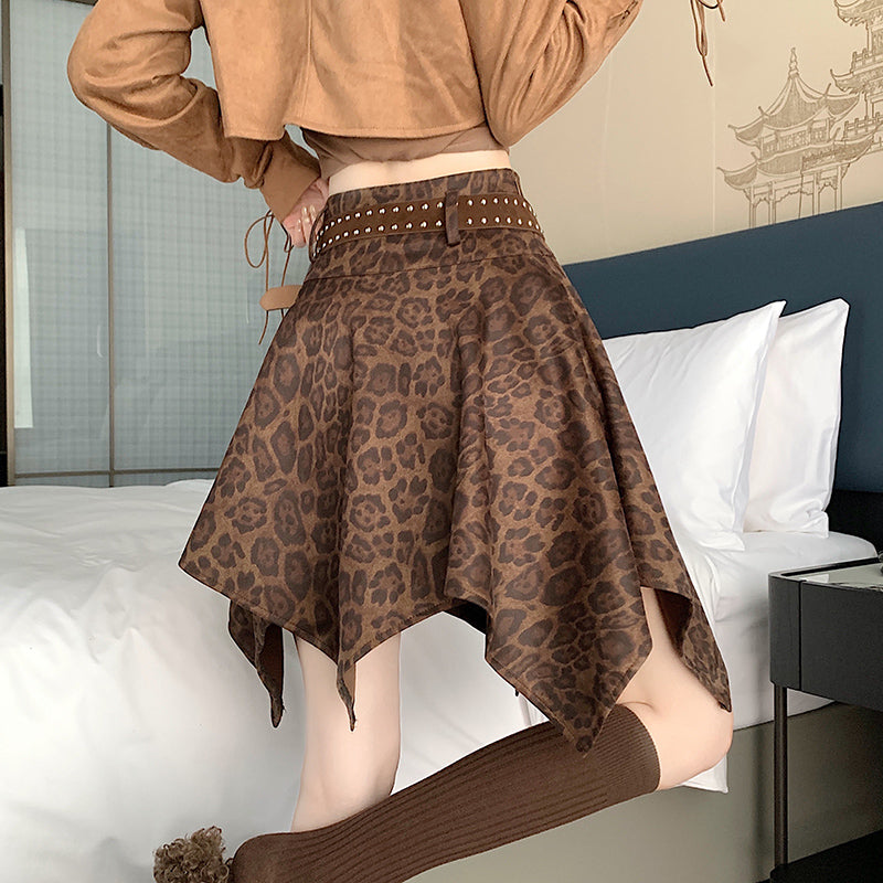 Vintage-Style Irregular Leopard-Print Skirt