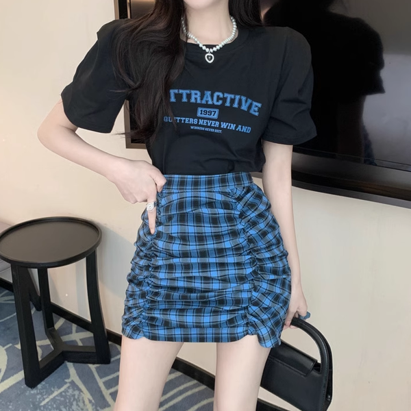 Set Printed T-Shirt Plaid Pleated Short Skirt