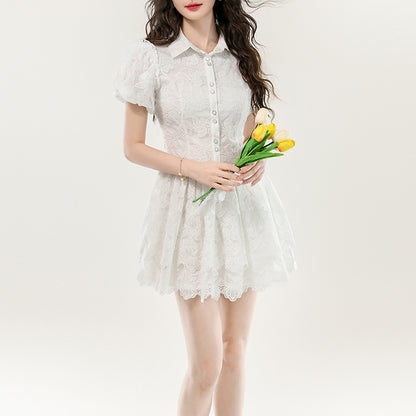 White Lace Puff Sleeve Dress