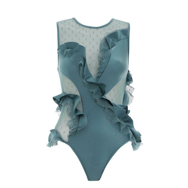 Polka-dot mesh ruffle one-piece swimsuit