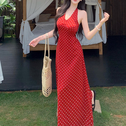 V-neck retro floral polka dot halter dress