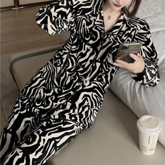 Velvet Sexy Zebra Print Cardigan Long Sleeve Lounge Wear Two Piece Set