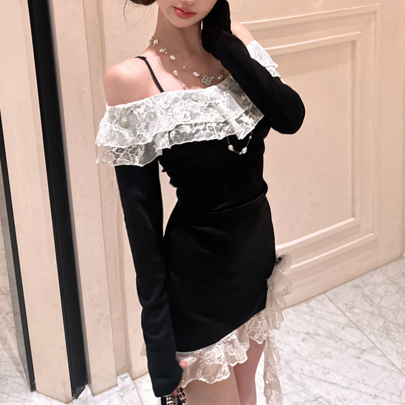 Sexy And Stylish Off-The-Shoulder Long-Sleeved Lace-Trimmed Bodycon Dress