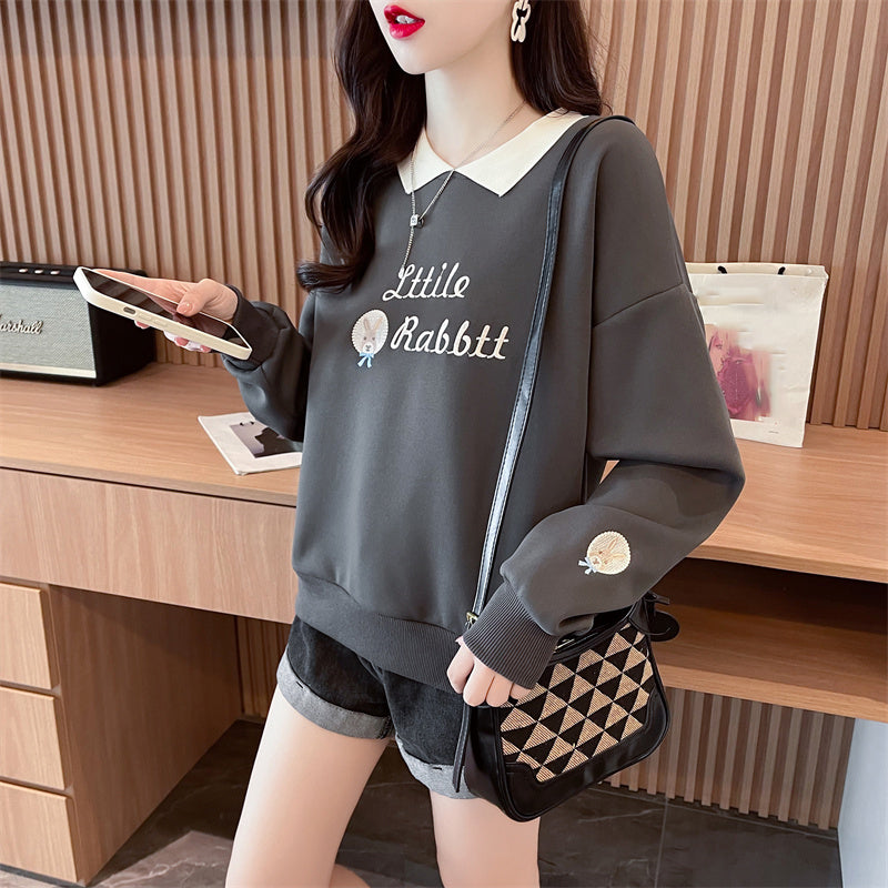 Loose-Fitting Op Collar Patchwork Plus Size Long-Sleeved Sweatshirt