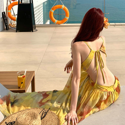 Mesh Tie-Dye Vacation Style Backless Sundress