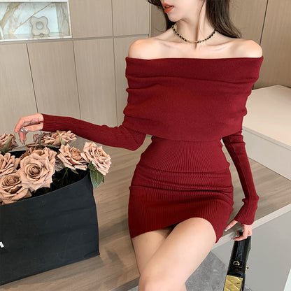 Off-The-Shoulder Red Knitted Dress