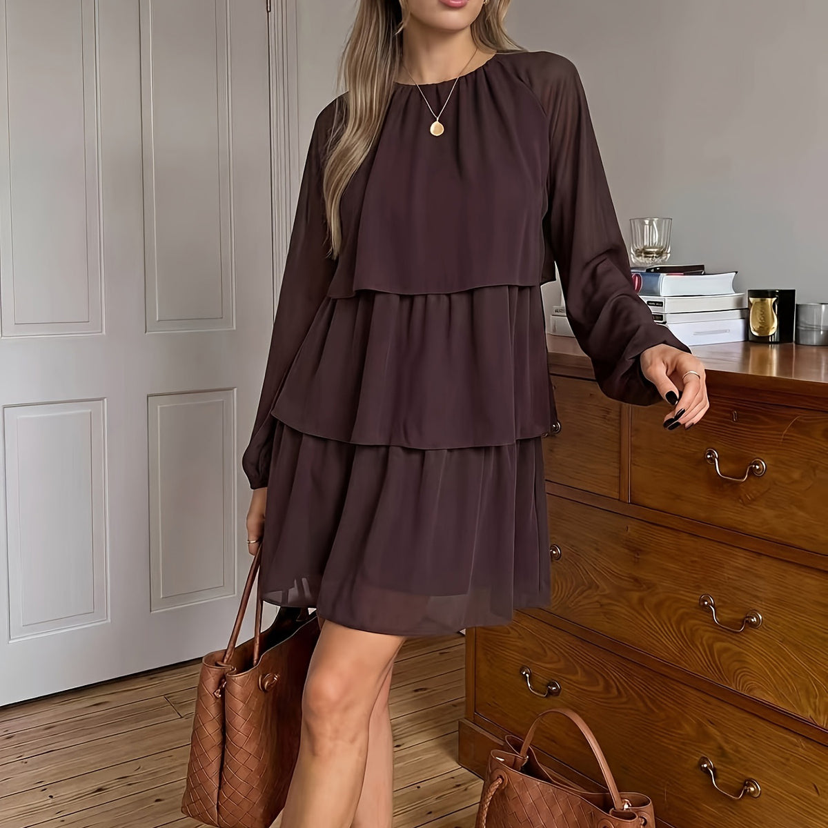 Round Neck Ruffled Long Sleeve Dress