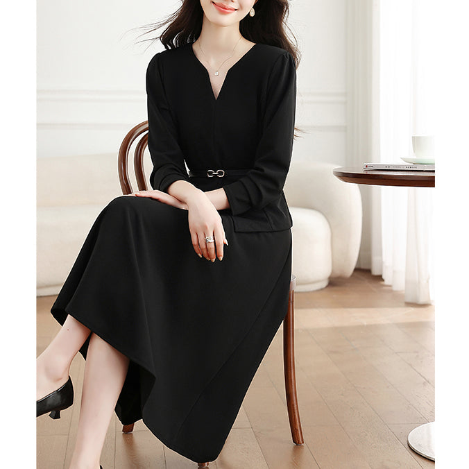 Black Long-Sleeved Top And Skirt Two-Piece Set