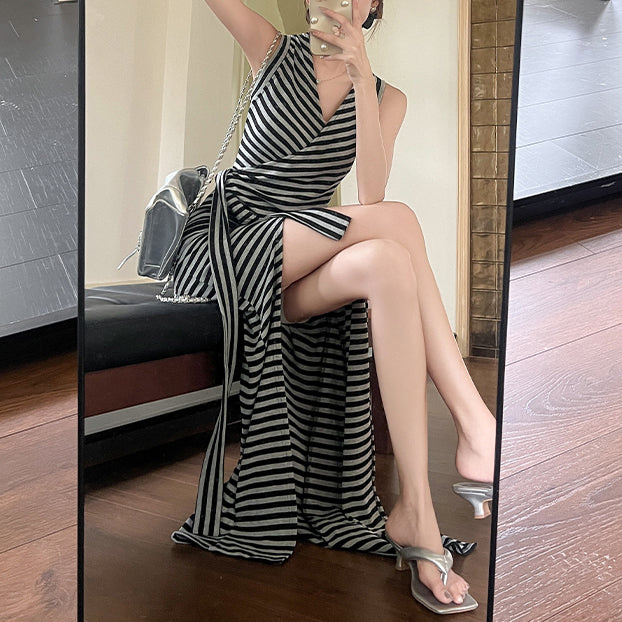 Fashionable Waist-Hugging French Striped Tie-Strap Slit Dress