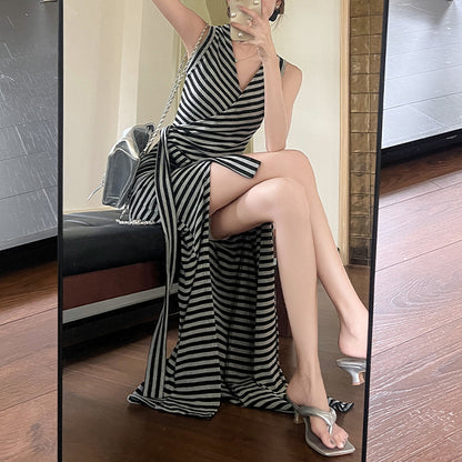 Fashionable Waist-Hugging French Striped Tie-Strap Slit Dress