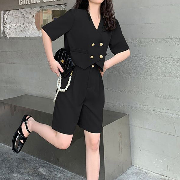 Short-sleeved v-neck suit jacket top wide-leg shorts set