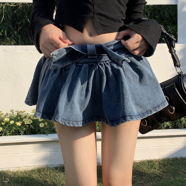 Blue Denim Bow A-Line Mini Skirt