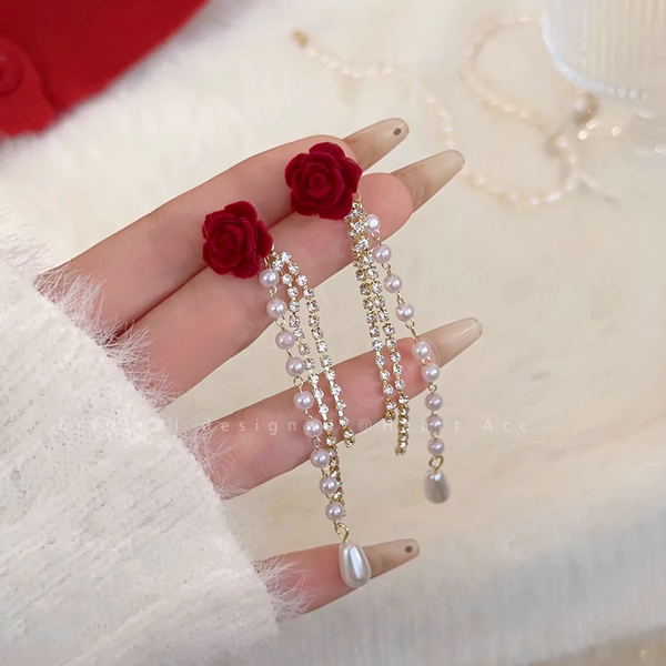 Red Velvet Camellia Tassel Long Stud Earrings